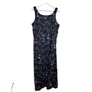 Vintage 90s Grunge Black & Purple Floral Print Button-Front Midi Dress, Size 10